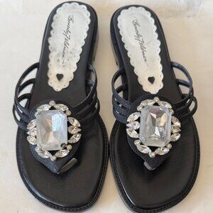 Beverly Feldman Jeweled Thong, Flat Slides, Fabric, Calf Insoles, 7.5 M, Black